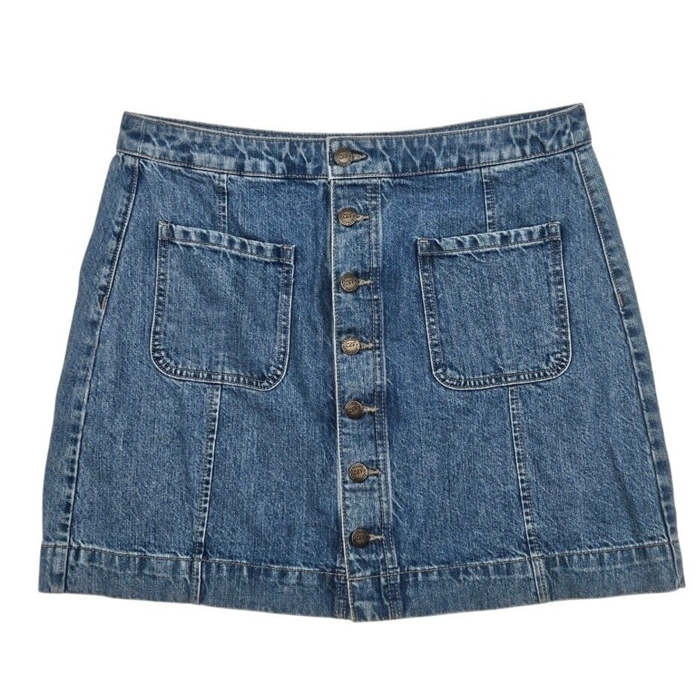 LOFT Denim Mini Skirt Button Front Pockets A-Line Blue Jean Skirt